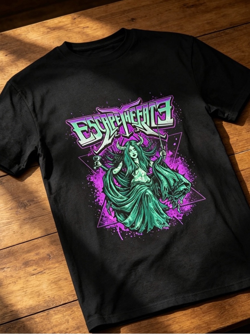 Escape the fate t-shirt Graphic Black Tee with Neon Green & Purple Witch Design